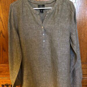 JONES NEW YORK ~ MEDIUM ~ LINEN BLOUSE ~ OLIVE GREEN HIGH LOW ~ LONG SLEEVE